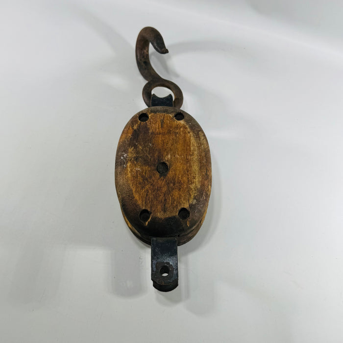 Antique Wooden Block & Tackle Pulley with Forged Iron Hook, Farm Equipment