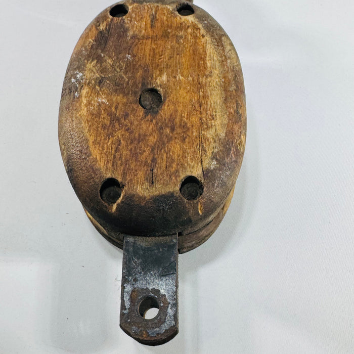 Antique Wooden Block & Tackle Pulley with Forged Iron Hook, Farm Equipment