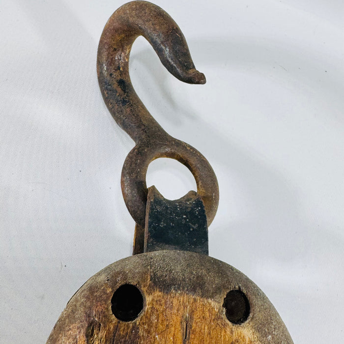 Antique Wooden Block & Tackle Pulley with Forged Iron Hook, Farm Equipment