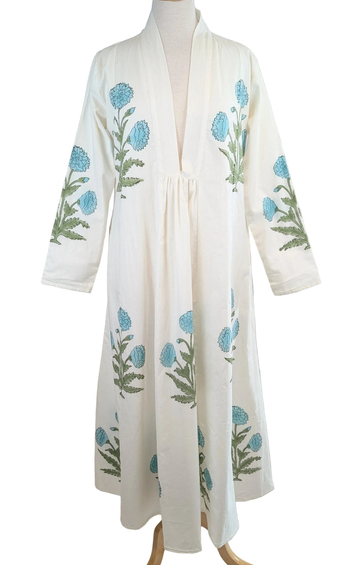 Aqua Buta Floral Block Print Cotton Maxi Dress - Precious Sparkle