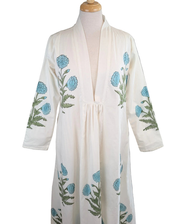 Aqua Buta Floral Block Print Cotton Maxi Dress - Precious Sparkle