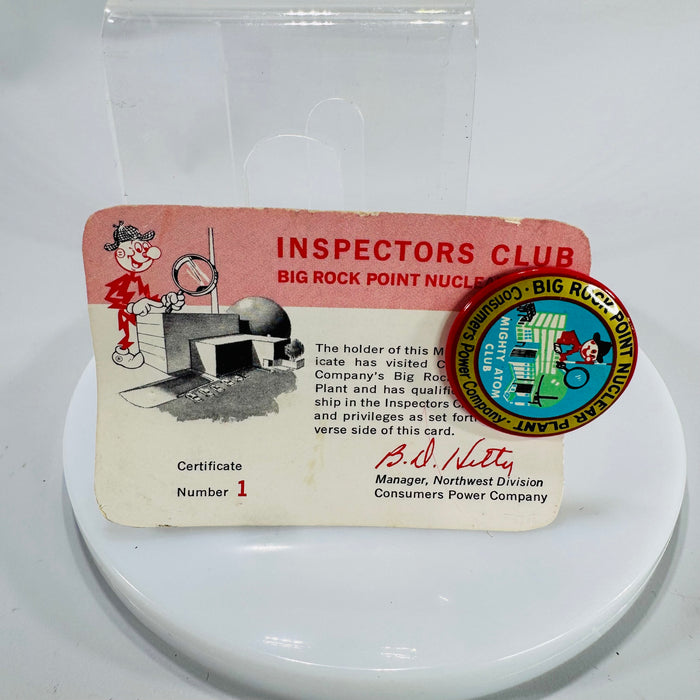 Big Rock Point Nuclear Plant Inspectors Club Certificate & Mighty Atom Club Pin – Vintage Atomic Age Ephemera