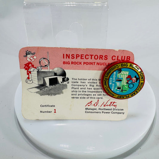 Big Rock Point Nuclear Plant Inspectors Club Certificate & Mighty Atom Club Pin – Vintage Atomic Age Ephemera