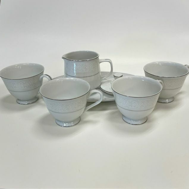 Brentwood White-Silver Fine China Teacups, Creamer, Dish