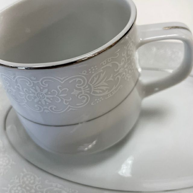 Brentwood White-Silver Fine China Teacups, Creamer, Dish