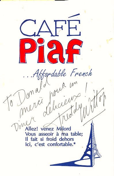 Café Piaf. Winston-Salem, NC: N.d. (ca. 1970’s).