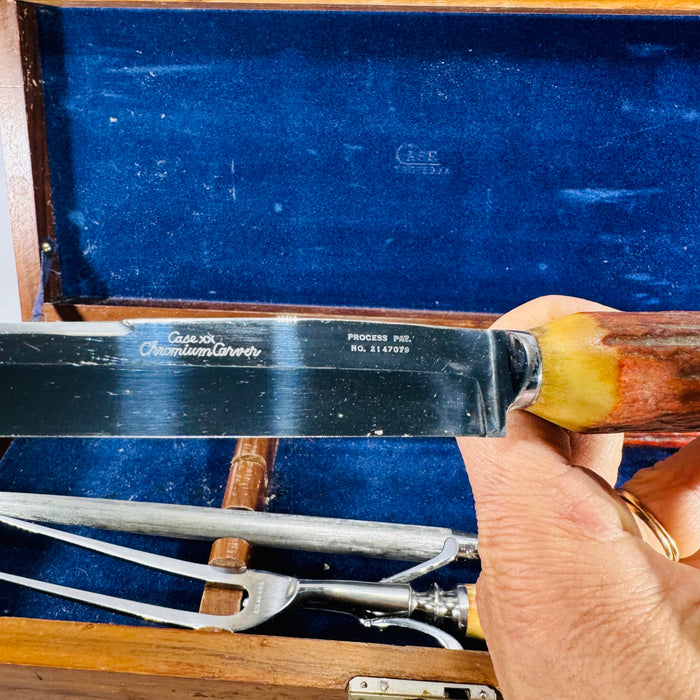 Case XX “Chromium Carver” Vintage Boxed Carving Set (Process Pat. 2147079) – Stag-Look Handles, 4-Piece
