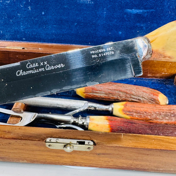 Case XX “Chromium Carver” Vintage Boxed Carving Set (Process Pat. 2147079) – Stag-Look Handles, 4-Piece