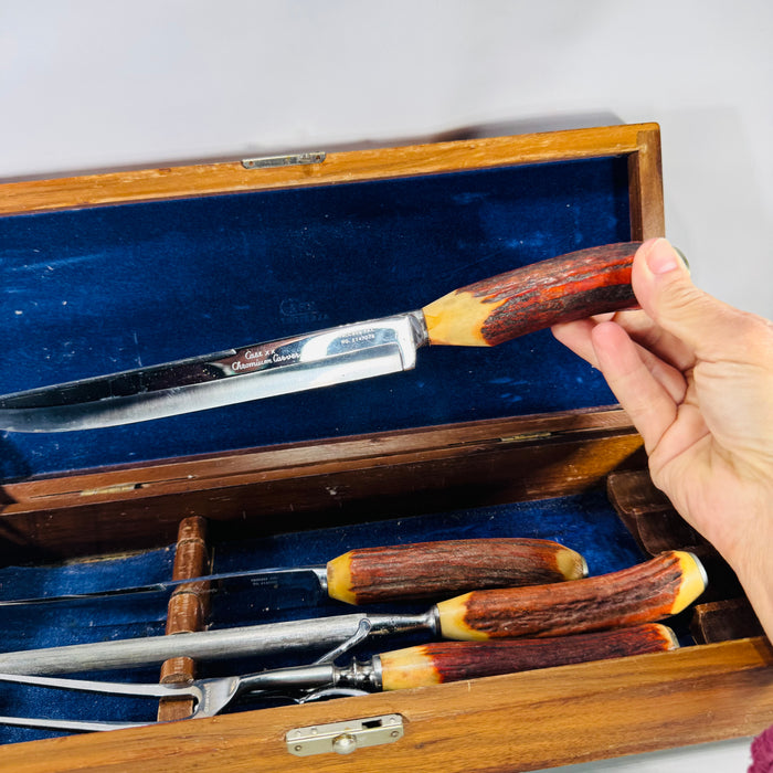 Case XX “Chromium Carver” Vintage Boxed Carving Set (Process Pat. 2147079) – Stag-Look Handles, 4-Piece