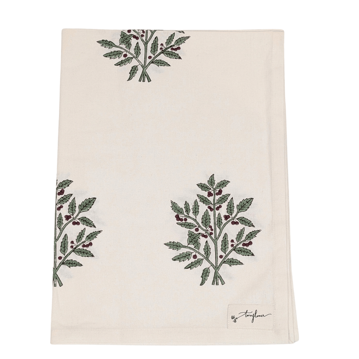 Christmas Holly Block Printed Cotton Tea Towel - Precious Sparkle
