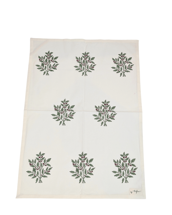 Christmas Holly Block Printed Cotton Tea Towel - Precious Sparkle