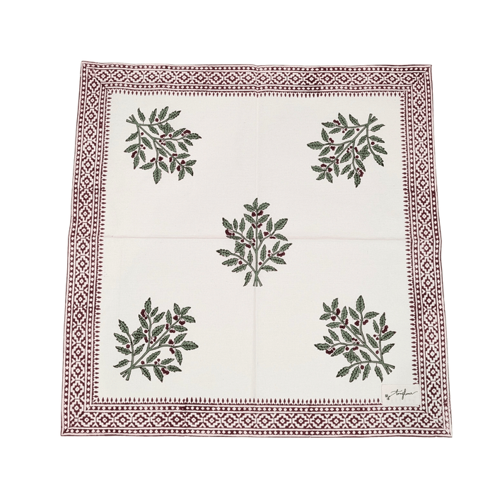 Christmas Holly Block Printed Napkin 50x50cm - Precious Sparkle