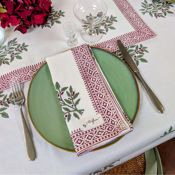 Christmas Holly Block Printed Napkin 50x50cm - Precious Sparkle