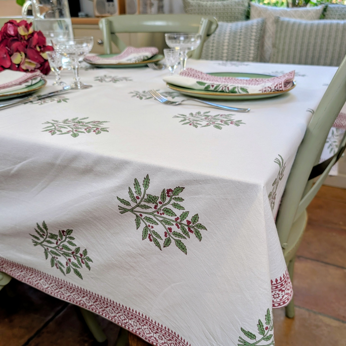 Christmas Holly Block Printed Table Cloth 150x250cm - Precious Sparkle
