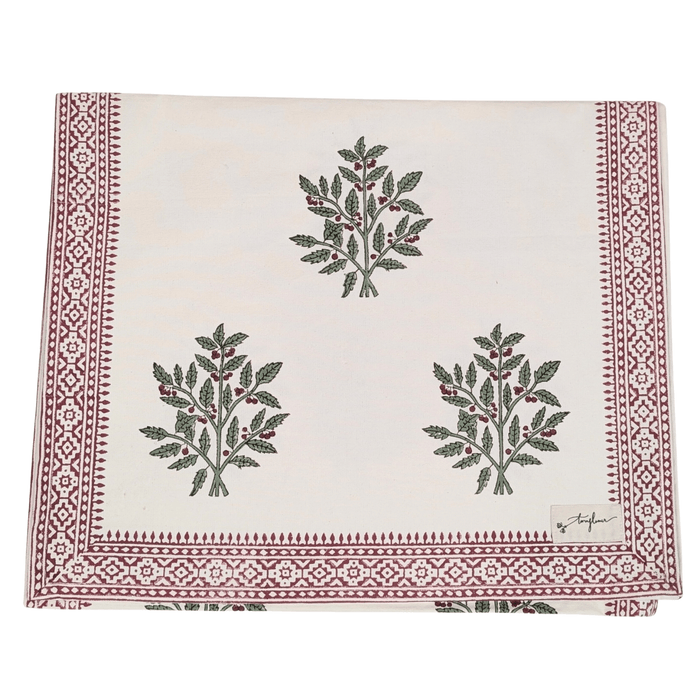 Christmas Holly Block Printed Table Runner 45x150cm - Precious Sparkle