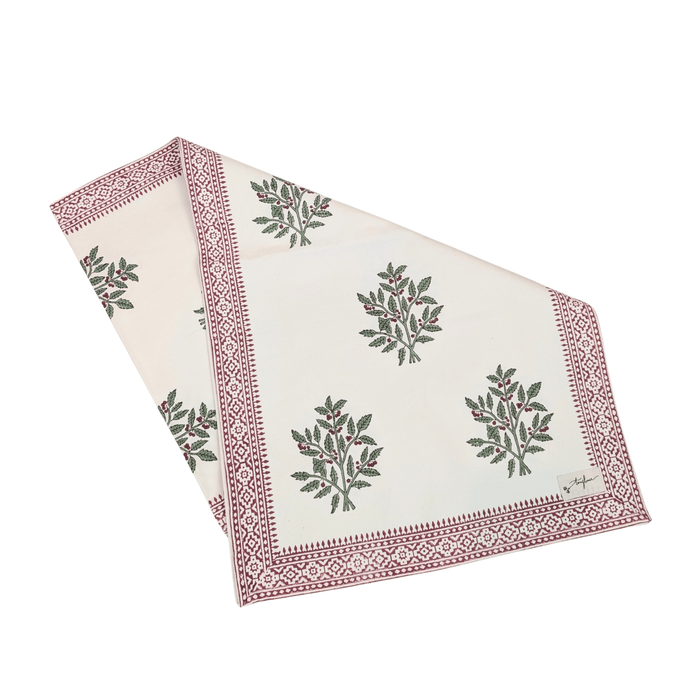 Christmas Holly Block Printed Table Runner 45x150cm - Precious Sparkle