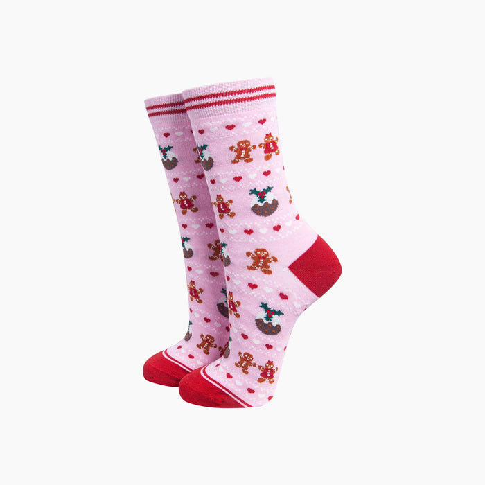 Christmas Pudding & Gingerbread Women's Bamboo Socks in Pink - Precious Sparkle