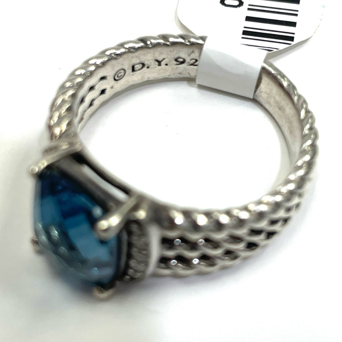 David Yurman Petite Wheaton Ring w Hampton Blue Topaz and Pave Diamonds Size 6.5