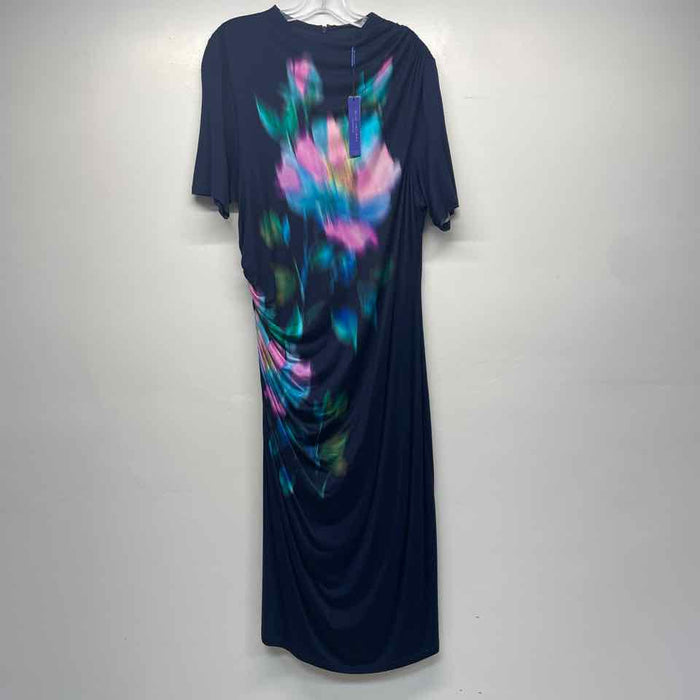Elie Tahari Size Xl Women's Navy-Multicolor Pattern Maxi-Short Sleeve Dress