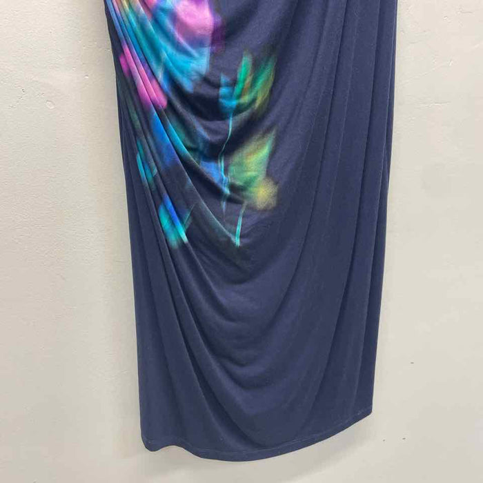 Elie Tahari Size Xl Women's Navy-Multicolor Pattern Maxi-Short Sleeve Dress