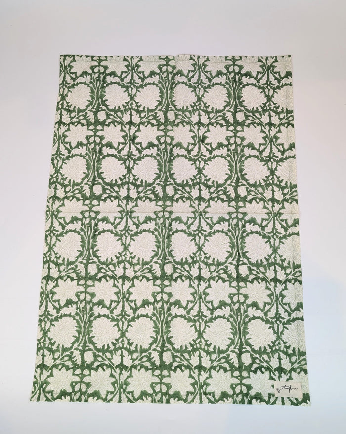 Emerald Green Block Printed Cotton Tea Towel - Precious Sparkle