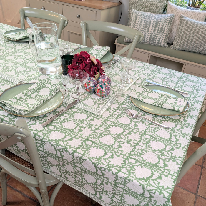 Emerald Green Block Printed Table Cloth 150x250cm - Precious Sparkle