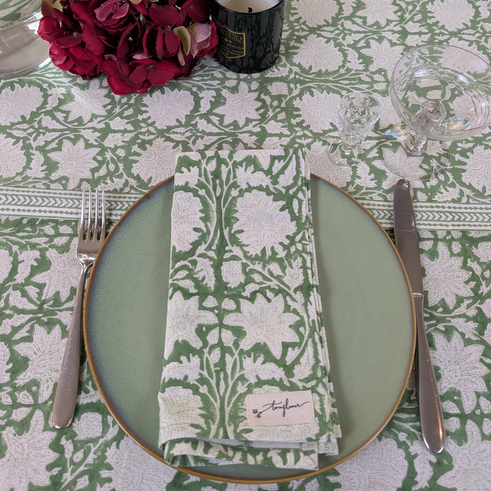 Emerald Green Block Printed Table Cloth 150x250cm - Precious Sparkle