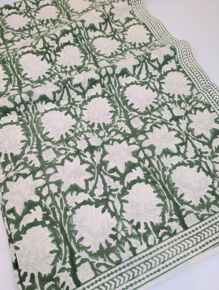 Emerald Green Block Printed Table Cloth 150x250cm - Precious Sparkle