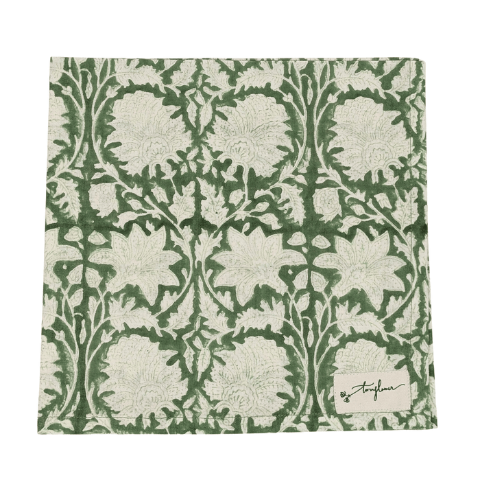 Emerald Green Floral Block Printed Napkin 50x50cm - Precious Sparkle