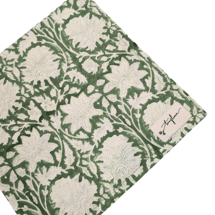 Emerald Green Floral Block Printed Napkin 50x50cm - Precious Sparkle