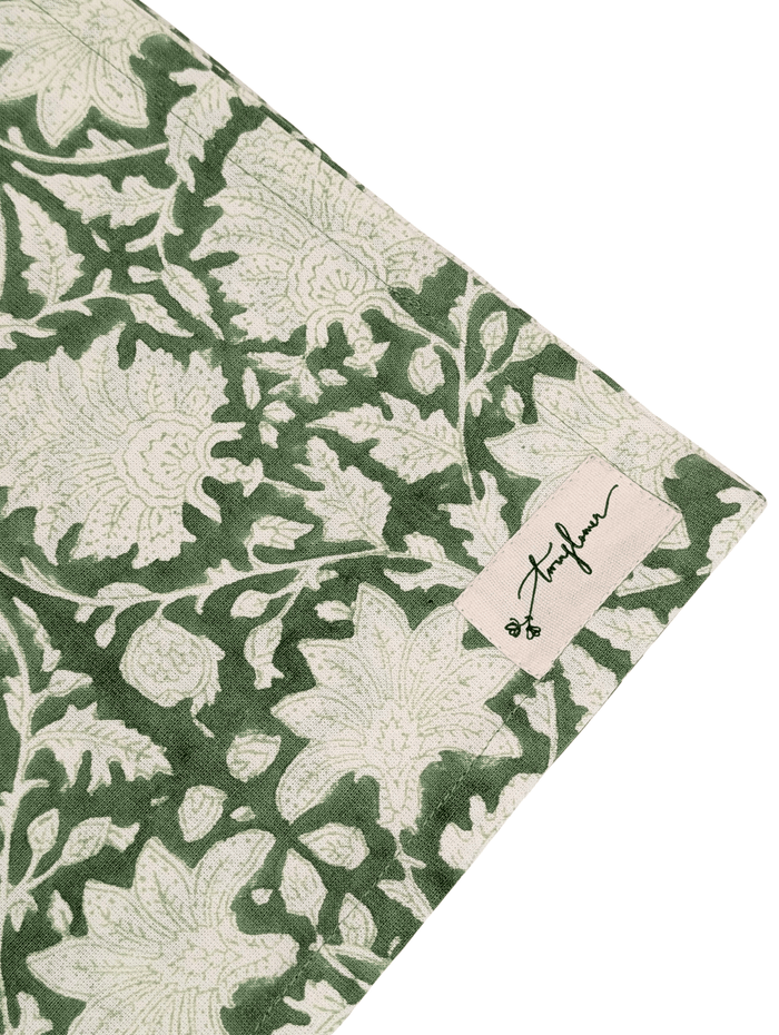 Emerald Green Floral Block Printed Napkin 50x50cm - Precious Sparkle