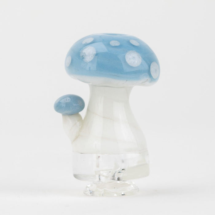 Puffco Glass Pivot Top shaped like a blue mushroom that glows