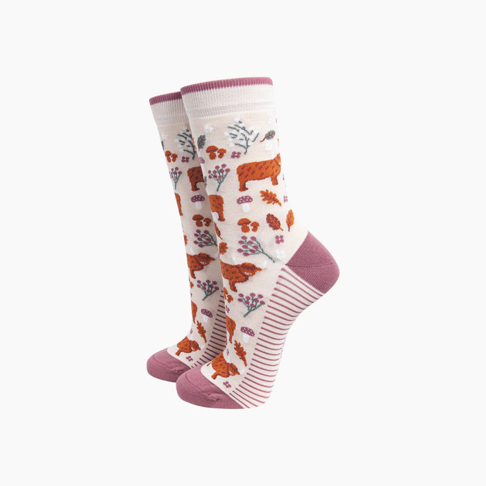 Highland Cow Floral Women's Bamboo Socks in Cream - Precious Sparkle
