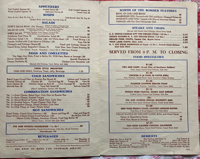 (Menu) Pig'n Whistle. Melody Lane. [1940s]