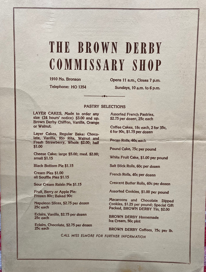 (Menu) The Brown Derby. Beverly Hills. [1947]