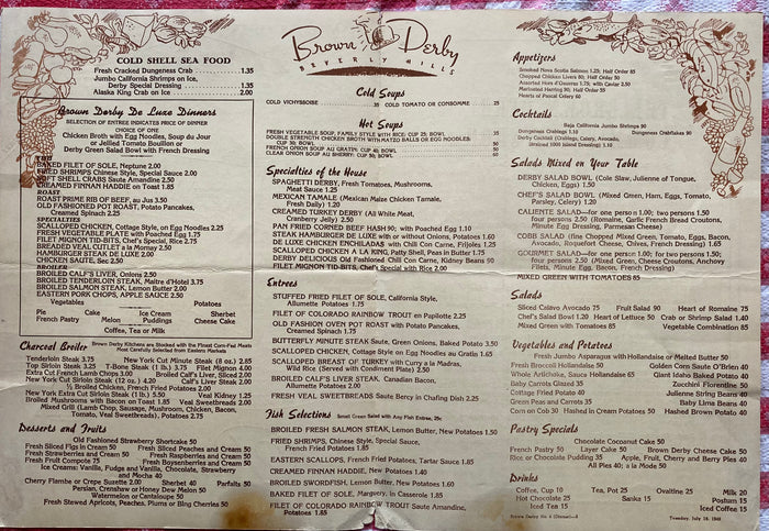 (Menu) The Brown Derby. Beverly Hills. [1947]