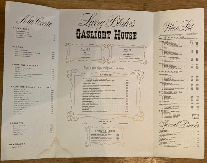 (Menu) Larry Blake's Gaslight House. Berkeley, CA. (1960s)