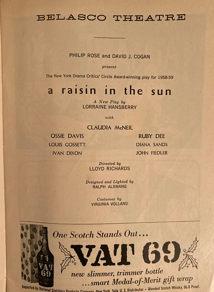 Belasco Theatre, NY. "A Raisin in the Sun." By Lorraine Hansberry. 1/6/1960. With original 2 tickets.
