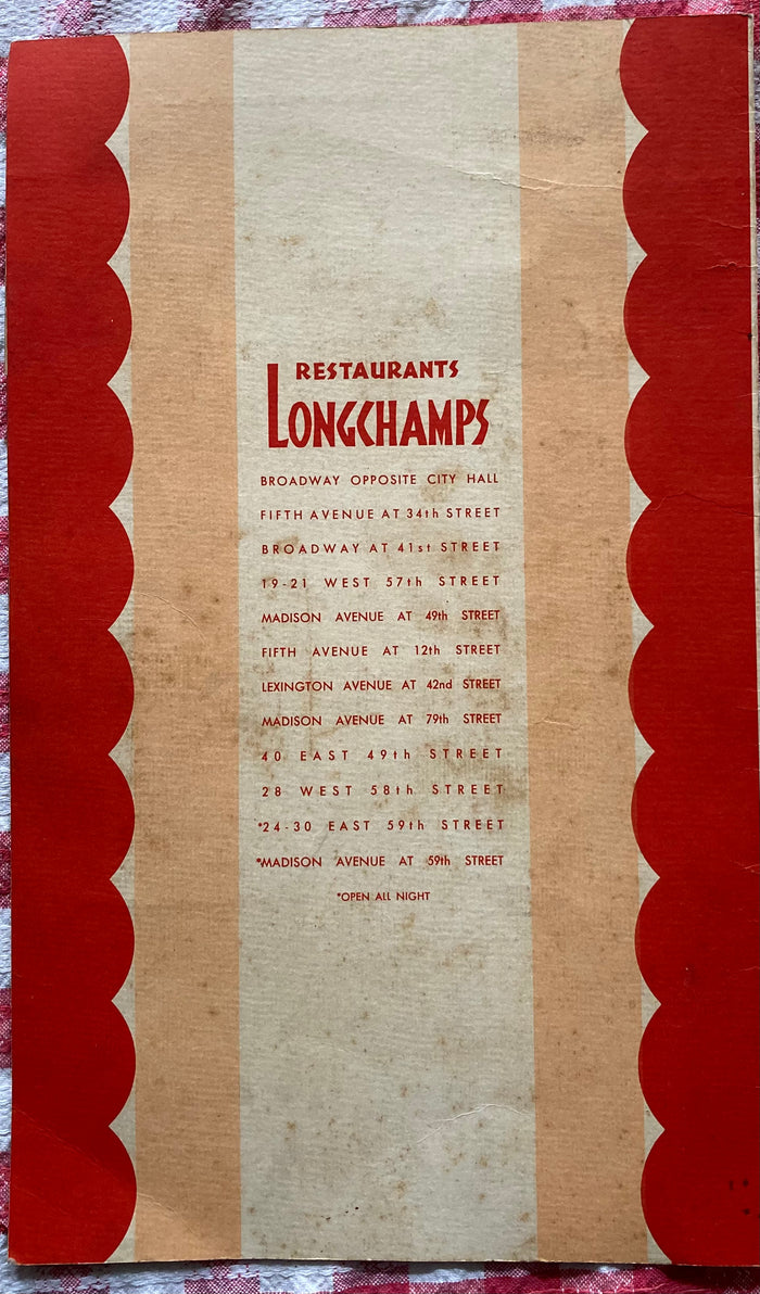 (Menu) Longchamps. New York City. [1940s]