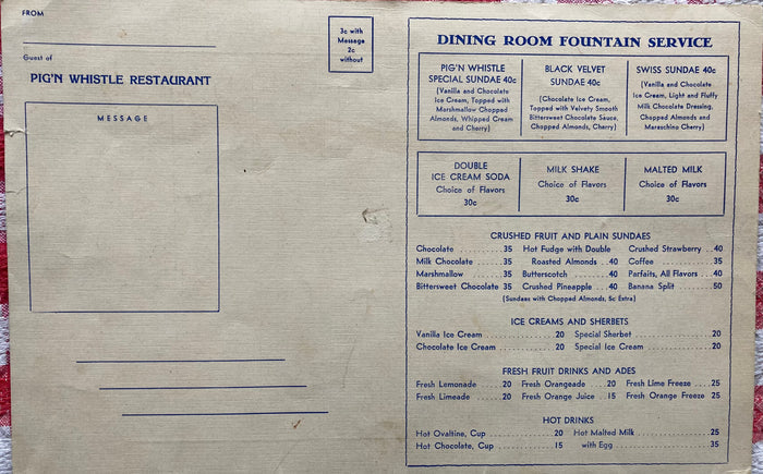 (Menu) Pig'n Whistle. Melody Lane. [1940s]