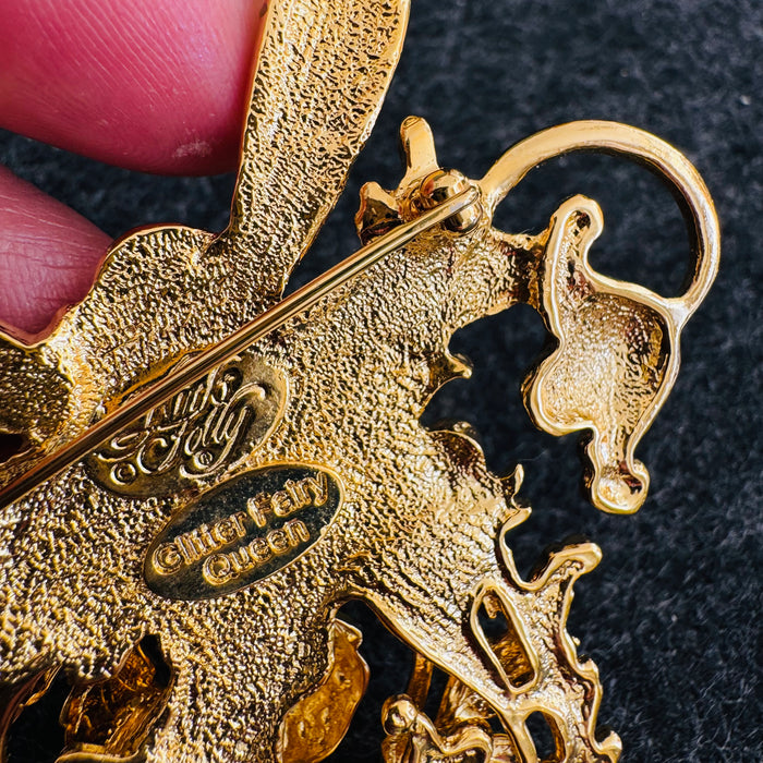 Kirk’s Folly “Strawberry Queen” Fairy Brooch Pendant (Convertible) – Gold Tone Enamel Wings, AB Crystal Dangle Charms