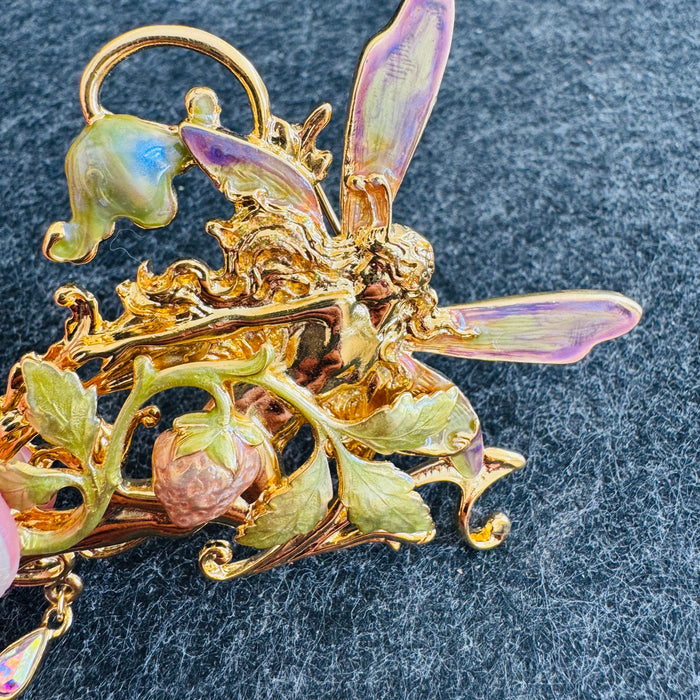 Kirk’s Folly “Strawberry Queen” Fairy Brooch Pendant (Convertible) – Gold Tone Enamel Wings, AB Crystal Dangle Charms