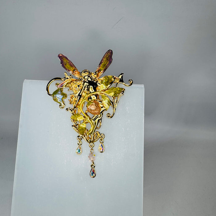 Kirk’s Folly “Strawberry Queen” Fairy Brooch Pendant (Convertible) – Gold Tone Enamel Wings, AB Crystal Dangle Charms