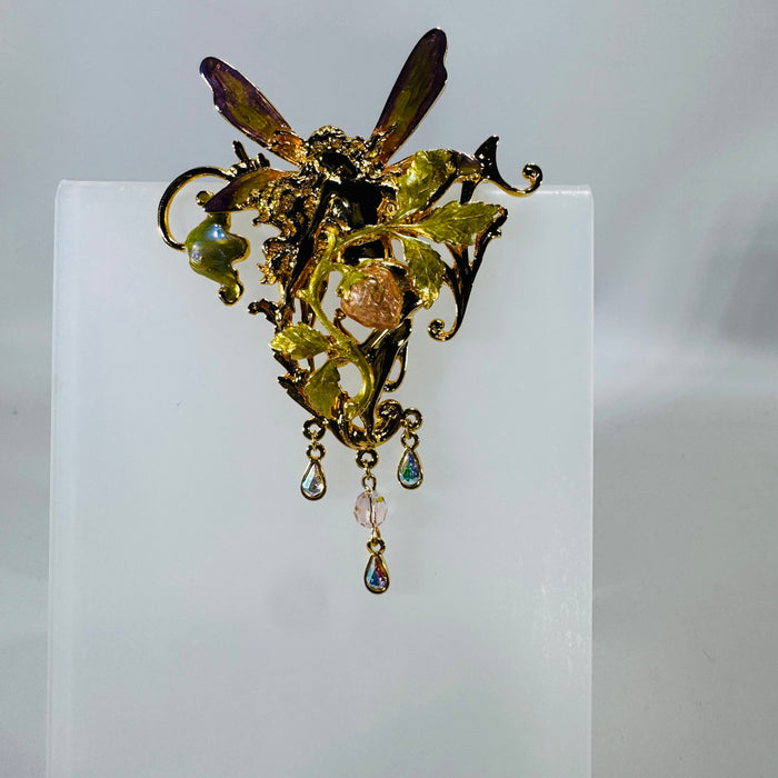 Kirk’s Folly “Strawberry Queen” Fairy Brooch Pendant (Convertible) – Gold Tone Enamel Wings, AB Crystal Dangle Charms