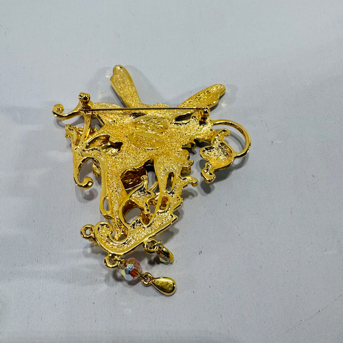 Kirk’s Folly “Strawberry Queen” Fairy Brooch Pendant (Convertible) – Gold Tone Enamel Wings, AB Crystal Dangle Charms