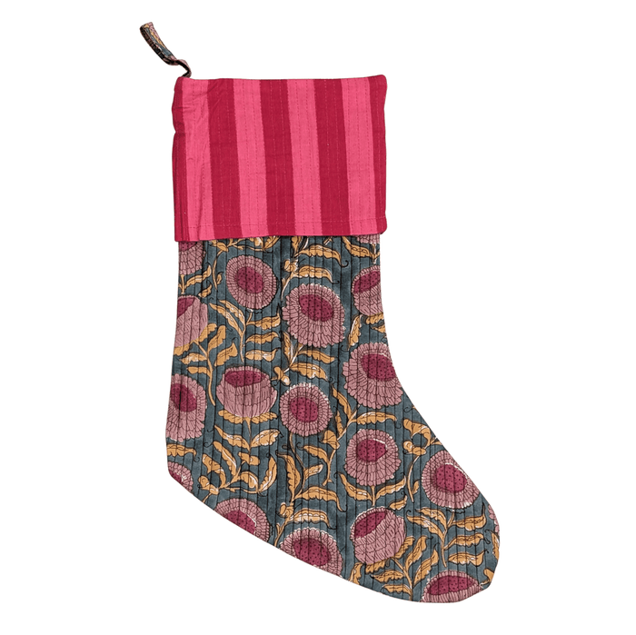 Large Christmas Stocking Block Print Green Floral Red Stripe - Precious Sparkle