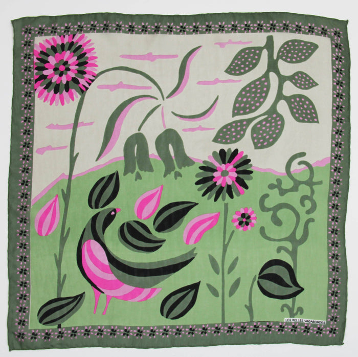 Les Belles Vagabondes Mini Birdy Khaki Silk Scarf - Precious Sparkle