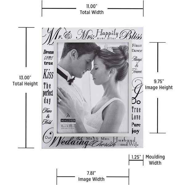 Mr. & Mrs. Metallic Glass 8x10 Picture Frame Measuring