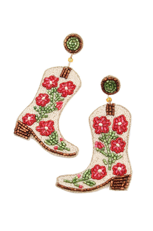 My Doris CREAM COWGIRL BOOT BEADED EARRINGS - Precious Sparkle