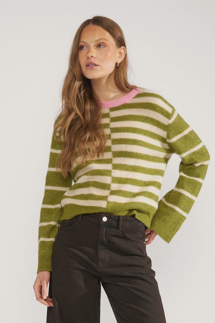 Numph Nuriette Block Stripe Pullover - Calla Green - Precious Sparkle